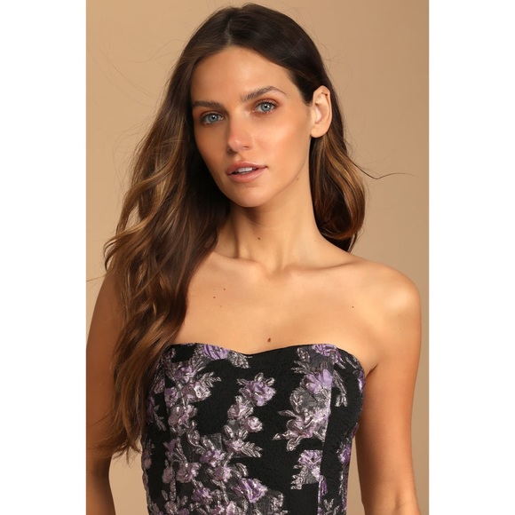 Lulus All Romance Black Floral Jacquard Strapless High-Low Gown Black/Lilac - XS - Picture 4 of 15